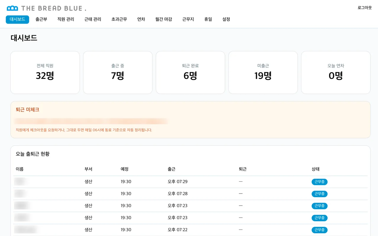 식품 공장 근태 · 급여 앱 대시보드 화면